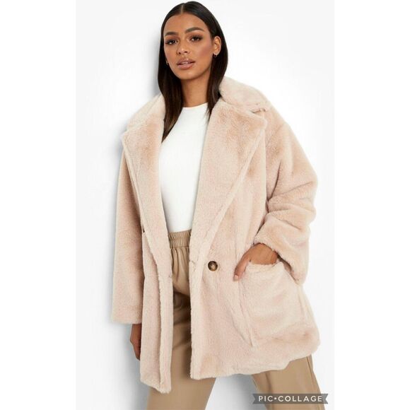 NWOT Free People Kate Faux Fur Double Breasted Teddy Coat Apricot Sz Sm $168 - Picture 2 of 8